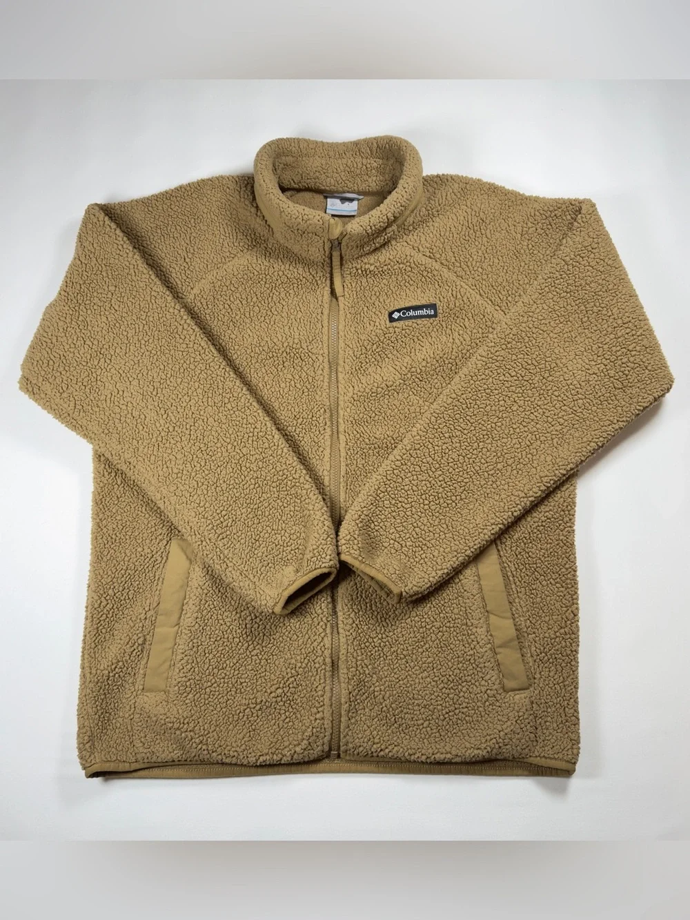 Columbia Sherpa Fleece Jacket Mens Large Tan Full Zip Rugged Ridge Pile Coat
